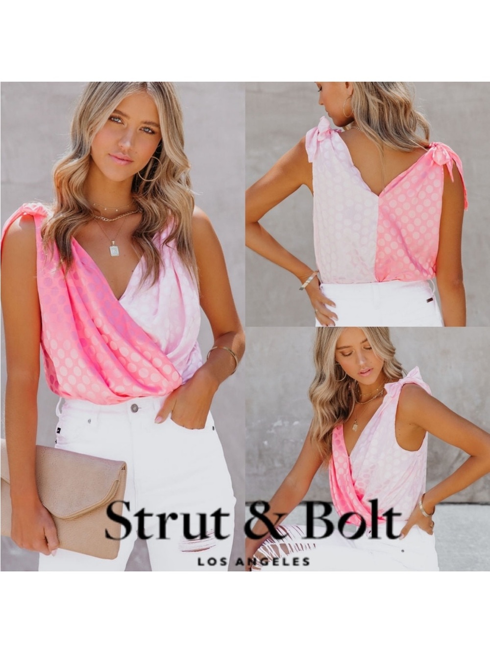Strut & Bolt Pink Ombre Polka Dot Tie-Shoulder Bodysuit